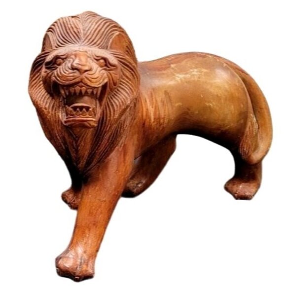 Set o2 Huge Hand-Carved Mid Century Wooden Wood  Roaring Lion Statues 17x13 - Picture 5 of 16